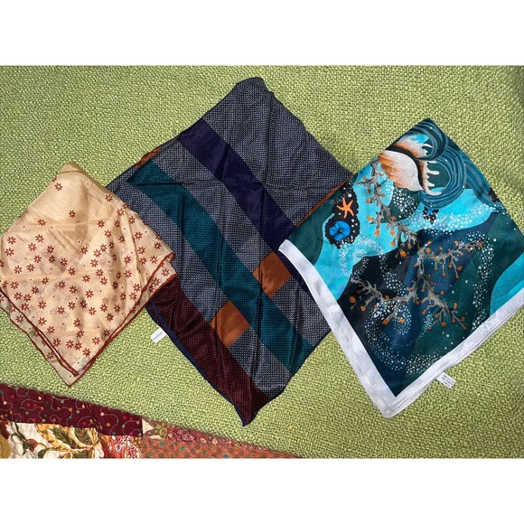 Ocean + Coast Accessories - silk scarves lot of 3 , 1 handrolled scarf , ocean , geometric , floral